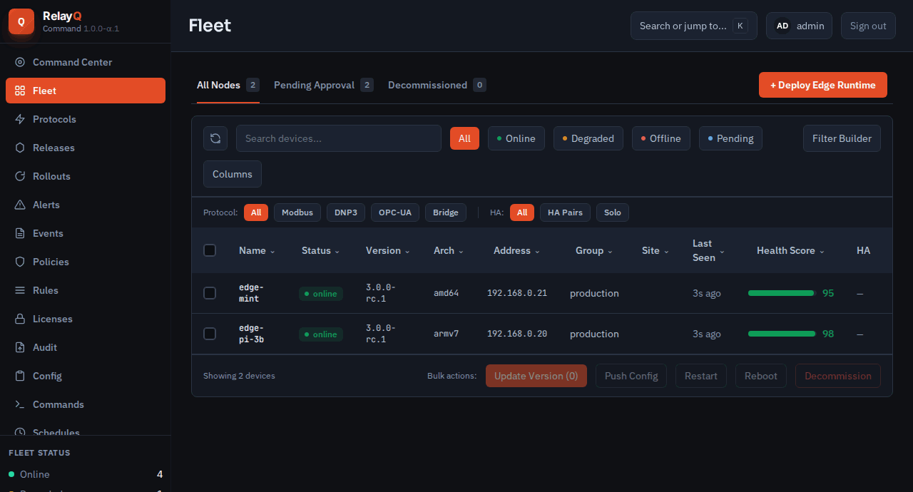 Command Center fleet view, device table with status, version, architecture, and health score